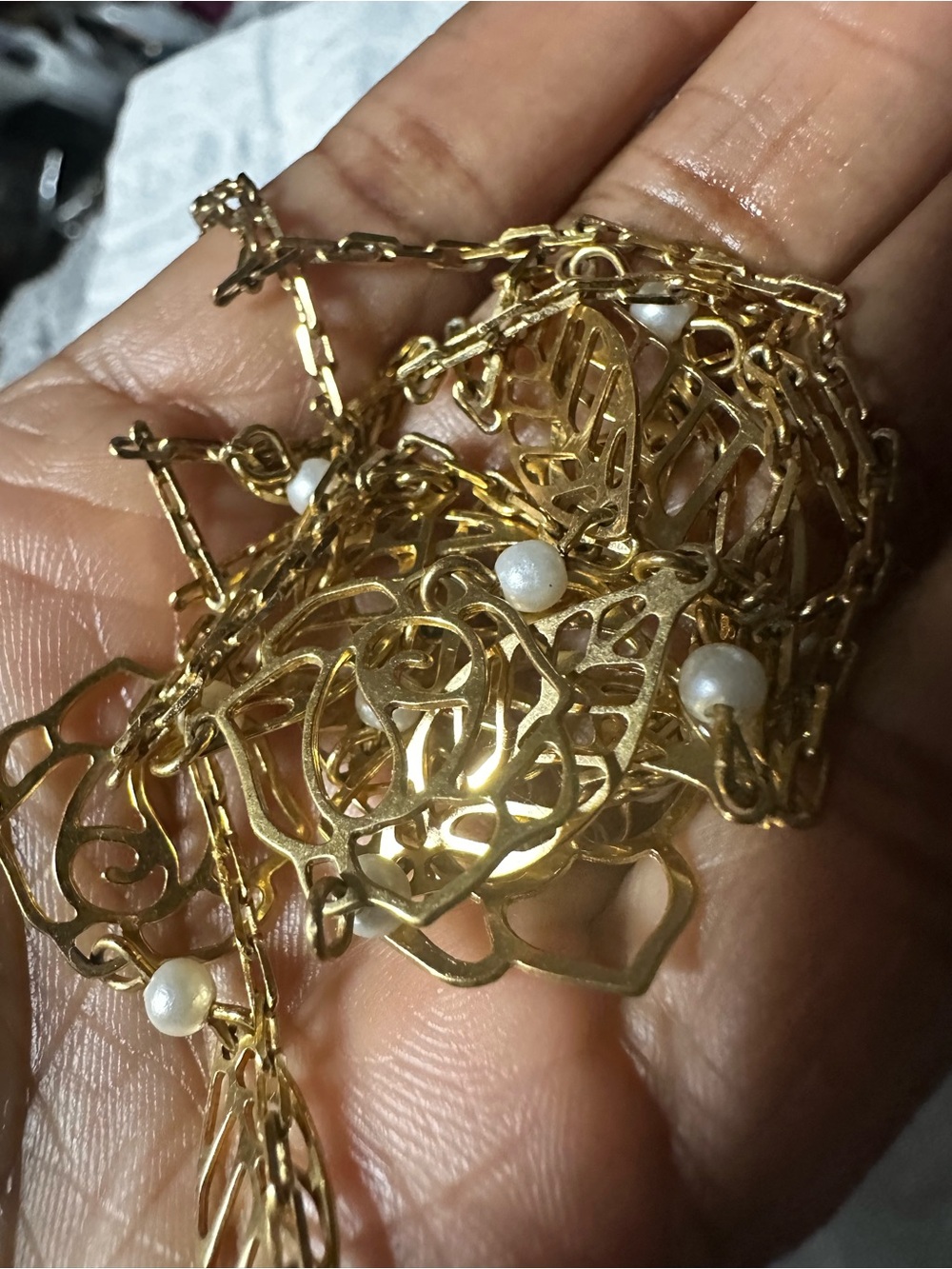Vintage Gold toned Filigree Pearl Accent Necklace - Women Jewelry